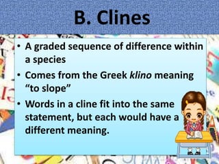 B. Clines
• A graded sequence of difference within
a species
• Comes from the Greek klino meaning
“to slope”
• Words in a cline fit into the same
statement, but each would have a
different meaning.
 