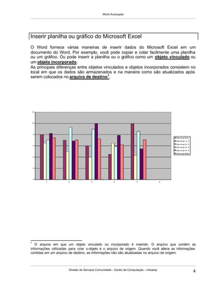 Word Avançado
Divisão de Serviços Comunidade - Centro de Computação - Unicamp
4
O Word fornece várias maneiras de inserir dados do Microsoft Excel em um
documento do Word. Por exemplo, você pode copiar e colar facilmente uma planilha
ou um gráfico. Ou pode inserir a planilha ou o gráfico como um objeto vinculado ou
um objeto incorporado.
As principais diferenças entre objetos vinculados e objetos incorporados consistem no
local em que os dados são armazenados e na maneira como são atualizados após
serem colocados no arquivo de destino1
.
1
O arquivo em que um objeto vinculado ou incorporado é inserido. O arquivo que contém as
informações utilizadas para criar o objeto é o arquivo de origem. Quando você altera as informações
contidas em um arquivo de destino, as informações não são atualizadas no arquivo de origem.
Inserir planilha ou gráfico do Microsoft Excel
0
2
4
6
8
10
12
1 2 3 4 5 6
Nota Anual Aluno
Nota Anual 1o. B
Nota Anual 2o. B
Nota Anual 3o. B
Nota Anual 4o. B
Nota Anual Média
 