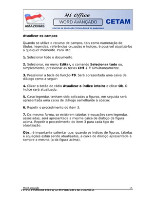 CETAM- CENTRO DE EDUCAÇÃO TECNOLÓGICA DO AMAZONAS
Atualizar os campos
Quando se utiliza o recurso de campos, tais como numeração de
títulos, legendas, referências cruzadas e índices, é possível atualizá-los
a qualquer momento. Para isto:
1. Selecionar todo o documento.
2. Selecionar, no menu Editar, o comando Selecionar tudo ou,
simplesmente, pressionar as teclas Ctrl + T simultaneamente.
3. Pressionar a tecla de função F9. Será apresentada uma caixa de
diálogo como a seguir:
4. Clicar o botão de rádio Atualizar o índice inteiro e clicar Ok. O
índice será atualizado.
5. Caso legendas tenham sido aplicadas a figuras, em seguida será
apresentada uma caixa de diálogo semelhante à abaixo:
6. Repetir o procedimento do item 3.
7. Da mesma forma, se existirem tabelas e equações com legendas
associadas, será apresentada a mesma caixa de diálogo da figura
acima. Repetir o procedimento do item 3 para cada tipo de
atualização.
Obs.: é importante salientar que, quando os índices de figuras, tabelas
e equações estão sendo atualizados, a caixa de diálogo apresentada é
sempre a mesma (a da figura acima).
Word Avançado 15
 