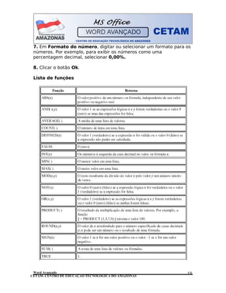 CETAM- CENTRO DE EDUCAÇÃO TECNOLÓGICA DO AMAZONAS
7. Em Formato do número, digitar ou selecionar um formato para os
números. Por exemplo, para exibir os números como uma
percentagem decimal, selecionar 0,00%.
8. Clicar o botão Ok.
Lista de funções
Word Avançado 19
 