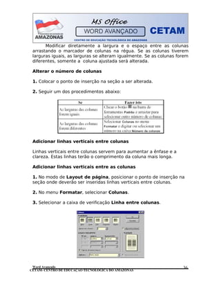 CETAM- CENTRO DE EDUCAÇÃO TECNOLÓGICA DO AMAZONAS
Modificar diretamente a largura e o espaço entre as colunas
arrastando o marcador de colunas na régua. Se as colunas tiverem
larguras iguais, as larguras se alteram igualmente. Se as colunas forem
diferentes, somente a coluna ajustada será alterada.
Alterar o número de colunas
1. Colocar o ponto de inserção na seção a ser alterada.
2. Seguir um dos procedimentos abaixo:
Adicionar linhas verticais entre colunas
Linhas verticais entre colunas servem para aumentar a ênfase e a
clareza. Estas linhas terão o comprimento da coluna mais longa.
Adicionar linhas verticais entre as colunas
1. No modo de Layout de página, posicionar o ponto de inserção na
seção onde deverão ser inseridas linhas verticais entre colunas.
2. No menu Formatar, selecionar Colunas.
3. Selecionar a caixa de verificação Linha entre colunas.
Word Avançado 36
 