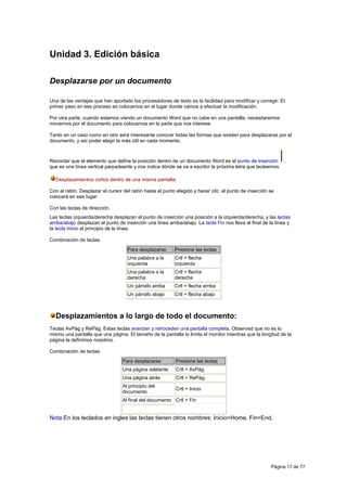 Unidad 3. Edición básica

Desplazarse por un documento

Una de las ventajas que han aportado los procesadores de texto es la facilidad para modificar y corregir. El
primer paso en ese proceso es colocarnos en el lugar donde vamos a efectuar la modificación.

Por otra parte, cuando estamos viendo un documento Word que no cabe en una pantalla, necesitaremos
movernos por el documento para colocarnos en la parte que nos interese.

Tanto en un caso como en otro será interesante conocer todas las formas que existen para desplazarse por el
documento, y así poder elegir la más útil en cada momento.



Recordar que el elemento que define la posición dentro de un documento Word es el punto de inserción ,
que es una línea vertical parpadeante y nos indica dónde se va a escribir la próxima letra que tecleemos.

  Desplazamientos cortos dentro de una misma pantalla:

Con el ratón. Desplazar el cursor del ratón hasta el punto elegido y hacer clic, el punto de inserción se
colocará en ese lugar.

Con las teclas de dirección.
Las teclas izquierda/derecha desplazan el punto de inserción una posición a la izquierda/derecha, y las teclas
arriba/abajo desplazan el punto de inserción una línea arriba/abajo. La tecla Fin nos lleva al final de la línea y
la tecla Inicio al principio de la línea.

Combinación de teclas.
                                    Para desplazarse       Presione las teclas
                                    Una palabra a la       Crtl + flecha
                                    izquierda              izquierda
                                    Una palabra a la       Crtl + flecha
                                    derecha                derecha
                                    Un párrafo arriba      Crtl + flecha arriba
                                    Un párrafo abajo       Crtl + flecha abajo



  Desplazamientos a lo largo de todo el documento:
Teclas AvPág y RePág. Estas teclas avanzan y retroceden una pantalla completa. Observad que no es lo
mismo una pantalla que una página. El tamaño de la pantalla lo limita el monitor mientras que la longitud de la
página la definimos nosotros.

Combinación de teclas.
                                  Para desplazarse         Presione las teclas
                                  Una página adelante      Crtl + AvPág.
                                  Una página atrás         Crtl + RePág.
                                  Al principio del
                                                           Crtl + Inicio
                                  documento
                                  Al final del documento Crtl + Fin


Nota:En los teclados en ingles las teclas tienen otros nombres: Inicio=Home, Fin=End,




                                                                                                        Página 17 de 77
 