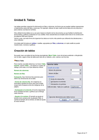 Unidad 8. Tablas

Las tablas permiten organizar la información en filas y columnas, de forma que se pueden realizar operaciones
y tratamientos sobre las filas y columnas. Por ejemplo, obtener el valor medio de los datos de una columna o
para ordenar una lista de nombres.

Otra utilidad de las tablas es su uso para mejorar el diseño de los documentos ya que facilitan la distribución
de los textos y gráficos contenidos en sus casillas. Esta característica se emplea sobre todo en la construcción
de páginas Web para Internet.
Vemos, pues, que esta forma de organizar los datos es mucho más potente que utilizando las tabulaciones u
otros métodos.

Una tabla está formada por celdas o casillas, agrupadas por filas y columnas, en cada casilla se puede
insertar texto, números o gráficos



Creación de tablas
Se puede crear una tabla de tres formas equivalentes: Menú Tabla, icono de la barra estándar o dibujándola
con el ratón, según el tipo de tabla será más útil un método u otro, vamos a ver los tres.

  Menú Tabla.

Para insertar una tabla debemos ir al menú Tabla,
Insertar, opción Tabla... y se abrirá un cuadro de
diálogo como este, en el que debemos indicar:

Número de columnas.

Número de filas.

Autoajuste. Aquí tenemos tres opciones para
definir las dimensiones de la tabla.

- Ancho de columna fijo. Si lo dejamos en
automático ajustará el ancho para que la tabla
ocupe todo el espacio entre los márgenes de la
página.

- Autoajustar al contenido. El ancho dependerá
de la cantidad de texto o gráficos que contenga
cada columna.

- Ajustar a la ventana. El tamaño se ajusta al
tamaño de la ventana del visualizador Web, si
cambia el tamaño de la ventana, la tabla se ajusta
al nuevo tamaño.




                                                                                                      Página 46 de 77
 