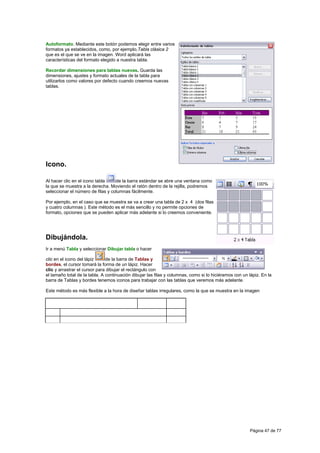 Autoformato. Mediante este botón podemos elegir entre varios
formatos ya establecidos, como, por ejemplo,Tabla clásica 2
que es el que se ve en la imagen. Word aplicará las
características del formato elegido a nuestra tabla.

Recordar dimensiones para tablas nuevas. Guarda las
dimensiones, ajustes y formato actuales de la tabla para
utilizarlos como valores por defecto cuando creemos nuevas
tablas.




Icono.

Al hacer clic en el icono tabla    de la barra estándar se abre una ventana como
la que se muestra a la derecha. Moviendo el ratón dentro de la rejilla, podremos
seleccionar el número de filas y columnas fácilmente.

Por ejemplo, en el caso que se muestra se va a crear una tabla de 2 x 4 (dos filas
y cuatro columnas ). Este método es el más sencillo y no permite opciones de
formato, opciones que se pueden aplicar más adelante si lo creemos conveniente.




Dibujándola.
Ir a menú Tabla y seleccionar Dibujar tabla o hacer

clic en el icono del lápiz     de la barra de Tablas y
bordes, el cursor tomará la forma de un lápiz. Hacer
clic y arrastrar el cursor para dibujar el rectángulo con
el tamaño total de la tabla. A continuación dibujar las filas y columnas, como si lo hiciéramos con un lápiz. En la
barra de Tablas y bordes tenemos iconos para trabajar con las tablas que veremos más adelante.

Este método es más flexible a la hora de diseñar tablas irregulares, como la que se muestra en la imagen




                                                                                                        Página 47 de 77
 