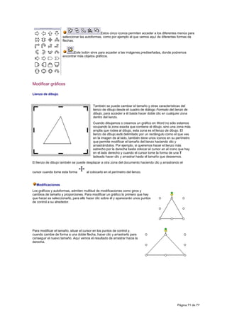 Estos cinco iconos permiten acceder a los diferentes menús para
                    seleccionar las autoformas, como por ejemplo el que vemos aquí de diferentes formas de
                    flechas.


                           Este botón sirve para acceder a las imágenes prediseñadas, donde podremos
                    encontrar más objetos gráficos.




Modificar gráficos

Lienzo de dibujo.


                                          También se puede cambiar el tamaño y otras características del
                                          lienzo de dibujo desde el cuadro de diálogo Formato del lienzo de
                                          dibujo, para acceder a él basta hacer doble clic en cualquier zona
                                          dentro del lienzo.
                                          Cuando dibujamos o creamos un gráfico en Word no sólo estamos
                                          ocupando la zona exacta que contiene el dibujo, sino una zona más
                                          amplia que rodea al dibujo, esta zona es el lienzo de dibujo. El
                                          lienzo de dibujo está delimitado por un rectángulo como el que ves
                                          en la imagen de al lado, también tiene unos iconos en su perímetro
                                          que permite modificar el tamaño del lienzo haciendo clic y
                                          arrastrándolos. Por ejemplo, si queremos hacer el lienzo más
                                          estrecho por la derecha basta colocar el cursor en el icono que hay
                                          en el lado derecho y cuando el cursor tome la forma de una T
                                          ladeada hacer clic y arrastrar hasta el tamaño que deseemos.
El lienzo de dibujo también se puede desplazar a otra zona del documento haciendo clic y arrastrando el

cursor cuando tome esta forma        al colocarlo en el perímetro del lienzo.


  Modificaciones
Los gráficos y autoformas, admiten multitud de modificaciones como giros y
cambios de tamaño y proporciones. Para modificar un gráfico lo primero que hay
que hacer es seleccionarlo, para ello hacer clic sobre él y aparecerán unos puntos
de control a su alrededor.




Para modificar el tamaño, situar el cursor en los puntos de control y,
cuando cambie de forma a una doble flecha, hacer clic y arrastrarlo para
conseguir el nuevo tamaño. Aquí vemos el resultado de arrastrar hacia la
derecha.




                                                                                                    Página 71 de 77
 