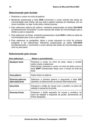 14                                                   Básico do Microsoft Word 2003


Selecionando pelo teclado
1. Posicione o cursor no início da palavra.
2. Mantendo pressionada a tecla Shift movimente o cursor através das teclas de
     movimentação para direita, até que toda a palavra apareça em destaque com as
     cores invertidas, ou seja, fundo preto e letras brancas.
3. Para selecionar palavra pôr palavra, mantenha pressionadas as teclas Ctrl+Shift
     simultaneamente movimente o cursor através das teclas de movimentação para a
     direita ou para a esquerda.
4. Para selecionar as linhas, mantenha pressionada a tecla Shift e utilize as setas de
     movimentação para cima ou para baixo.
5. Para selecionar os parágrafos, deixe o cursor piscando no início do primeiro
     parágrafo a ser selecionado. Mantenha pressionadas as teclas Ctrl+Shift
     simultaneamente e, movimente o cursor através das teclas de movimentação para
     cima ou para baixo.


Selecionando pelo mouse

Para selecionar            Efetue o procedimento
Qualquer texto            Posicione o cursor no início do texto, clique e arraste
                          sobre o texto a selecionar.
                          Outra forma: posicione o cursor no início do texto e com a
                          tecla SHIFT pressionada clique com o mouse ao final do
                          texto.

Uma palavra               Duplo clique na palavra.

Diversas palavras         Selecione a primeira palavra e segurando a tecla Ctrl
alternadamente            apertada vá selecionando as demais alternadamente.

Uma linha                 Pressione o botão do mouse com o ponteiro na barra de
                          seleção à esquerda da janela.

Diversas linhas           Pressione o botão esquerdo do mouse e arraste-o na
                          barra de seleção à esquerda da janela, demarcando as
                          linhas desejadas.




                   Escola de Artes, Ofícios e Computação - UNIFESP
 