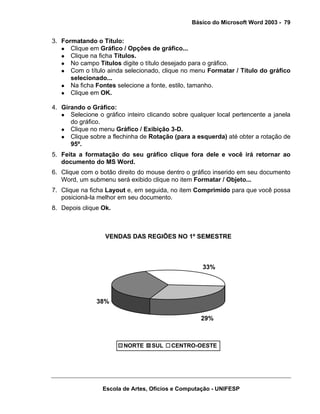 Básico do Microsoft Word 2003 - 79


3. Formatando o Título:
      Clique em Gráfico / Opções de gráfico...
      Clique na ficha Títulos.
      No campo Títulos digite o título desejado para o gráfico.
      Com o título ainda selecionado, clique no menu Formatar / Título do gráfico
      selecionado...
      Na ficha Fontes selecione a fonte, estilo, tamanho.
      Clique em OK.

4. Girando o Gráfico:
      Selecione o gráfico inteiro clicando sobre qualquer local pertencente a janela
      do gráfico.
      Clique no menu Gráfico / Exibição 3-D.
      Clique sobre a flechinha de Rotação (para a esquerda) até obter a rotação de
      95º.
5. Feita a formatação do seu gráfico clique fora dele e você irá retornar ao
   documento do MS Word.
6. Clique com o botão direito do mouse dentro o gráfico inserido em seu documento
   Word, um submenu será exibido clique no item Formatar / Objeto...
7. Clique na ficha Layout e, em seguida, no item Comprimido para que você possa
   posicioná-la melhor em seu documento.
8. Depois clique Ok.



                  VENDAS DAS REGIÕES NO 1º SEMESTRE



                                                     33%




               38%

                                                    29%



                         NORTE     SUL    CENTRO-OESTE




                 Escola de Artes, Ofícios e Computação - UNIFESP
 