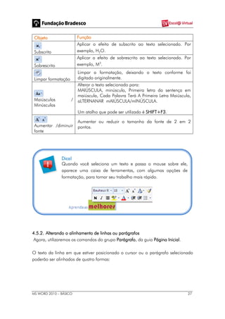 MS WORD 2010 – BÁSICO 27
Objeto Função
Subscrito
Aplicar o efeito de subscrito ao texto selecionado. Por
exemplo, H2O.
Sobrescrito
Aplicar o efeito de sobrescrito ao texto selecionado. Por
exemplo, M3
.
Limpar formatação
Limpar a formatação, deixando o texto conforme foi
digitado originalmente.
Maiúsculas /
Minúsculas
Alterar o texto selecionado para:
MAIÚSCULA, minúscula, Primeira letra da sentença em
maiúscula, Cada Palavra Terá A Primeira Letra Maiúscula,
aLTERNANAR mAIÚSCULA/mINÚSCULA.
Um atalho que pode ser utilizado é SHIFT+F3.
Aumentar /diminuir
fonte
Aumentar ou reduzir o tamanho da fonte de 2 em 2
pontos.
Dica!
Quando você seleciona um texto e passa o mouse sobre ele,
aparece uma caixa de ferramentas, com algumas opções de
formatação, para tornar seu trabalho mais rápido.
4.5.2. Alterando o alinhamento de linhas ou parágrafos
Agora, utilizaremos os comandos do grupo Parágrafo, da guia Página Inicial.
O texto da linha em que estiver posicionado o cursor ou o parágrafo selecionado
poderão ser alinhados de quatro formas:
 