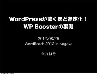 WordPressが驚くほど高速化！
          WP Boosterの裏側

                    2012/08/25
              WordBeach 2012 in Nagoya


                      宮内 隆行




12年8月28日火曜日
 