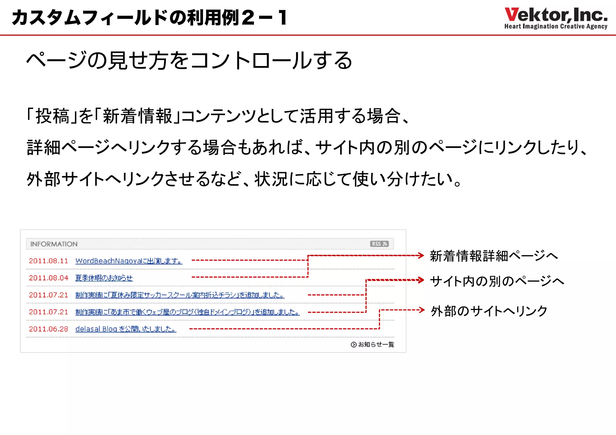 カスタムフィールドの利用例２－１




「投稿」を「新着情報」コンテンツとして活用する場合、
詳細ページへリンクする場合もあれば、サイト内の別のページにリンクしたり、
外部サイトへリンクさせるなど、状況に応じて使い分けたい。



                             新着情報詳細ページへ
                             サイト内の別のページへ

                             外部のサイトへリンク
 