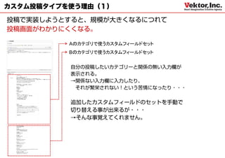 カスタム投稿タイプを使う理由（１）




          Aのカテゴリで使うカスタムフィールドセット
          Bのカテゴリで使うカスタムフィールドセット
 