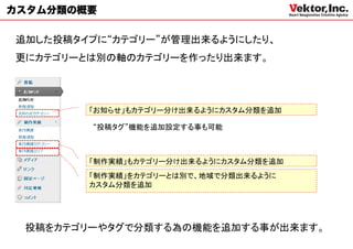 カスタム分類の概要

追加した投稿タイプに“カテゴリー”が管理出来るようにしたり、
更にカテゴリーとは別の軸のカテゴリーを作ったり出来ます。




        「お知らせ」もカテゴリー分け出来るようにカスタム分類を追加

        “投稿タグ”機能を追加設定する事も可能



        「制作実績」もカテゴリー分け出来るようにカスタム分類を追加
        「制作実績」をカテゴリーとは別で、地域で分類出来るように
        カスタム分類を追加




 投稿をカテゴリーやタグで分類する為の機能を追加する事が出来ます。
 