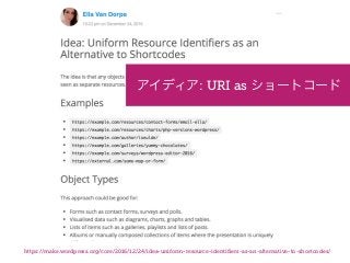 https://make.wordpress.org/core/2016/12/24/idea-uniform-resource-identiﬁers-as-an-alternative-to-shortcodes/
: URI as
 