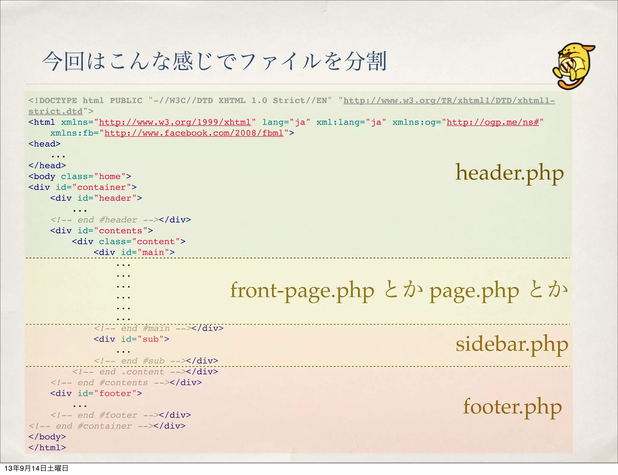 今回はこんな感じでファイルを分割
<!DOCTYPE html PUBLIC "-//W3C//DTD XHTML 1.0 Strict//EN" "http://www.w3.org/TR/xhtml1/DTD/xhtml1-
strict.dtd">
<html xmlns="http://www.w3.org/1999/xhtml" lang="ja" xml:lang="ja" xmlns:og="http://ogp.me/ns#"
" xmlns:fb="http://www.facebook.com/2008/fbml">
<head>
...
</head>
<body class="home">
<div id="container">
" <div id="header">
...
" <!-- end #header --></div>
" <div id="contents">
" " <div class="content">
" " " <div id="main">
" " " " ...
" " " " ...
" " " " ...
" " " " ...
" " " " ...
" " " " ...
" " " <!-- end #main --></div>
" " " <div id="sub">
" " " " ...
" " " <!-- end #sub --></div>
" " <!-- end .content --></div>
" <!-- end #contents --></div>
" <div id="footer">
" " ...
" <!-- end #footer --></div>
<!-- end #container --></div>
</body>
</html>
header.php
sidebar.php
footer.php
front-page.php とか page.php とか
13年9月14日土曜日
 