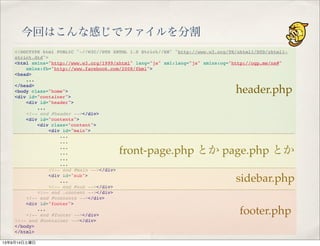 今回はこんな感じでファイルを分割
<!DOCTYPE html PUBLIC "-//W3C//DTD XHTML 1.0 Strict//EN" "http://www.w3.org/TR/xhtml1/DTD/xhtml1-
strict.dtd">
<html xmlns="http://www.w3.org/1999/xhtml" lang="ja" xml:lang="ja" xmlns:og="http://ogp.me/ns#"
" xmlns:fb="http://www.facebook.com/2008/fbml">
<head>
...
</head>
<body class="home">
<div id="container">
" <div id="header">
...
" <!-- end #header --></div>
" <div id="contents">
" " <div class="content">
" " " <div id="main">
" " " " ...
" " " " ...
" " " " ...
" " " " ...
" " " " ...
" " " " ...
" " " <!-- end #main --></div>
" " " <div id="sub">
" " " " ...
" " " <!-- end #sub --></div>
" " <!-- end .content --></div>
" <!-- end #contents --></div>
" <div id="footer">
" " ...
" <!-- end #footer --></div>
<!-- end #container --></div>
</body>
</html>
header.php
sidebar.php
footer.php
front-page.php とか page.php とか
13年9月14日土曜日
 