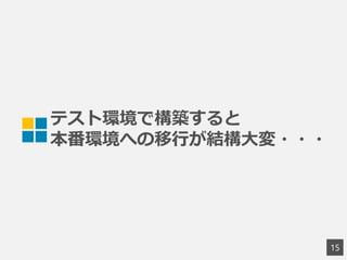 テスト環境で構築すると
本番環境への移行が結構大変・・・
15
 
