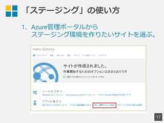 「ステージング」の使い方
17
1．Azure管理ポータルから
ステージング環境を作りたいサイトを選ぶ。
 
