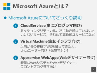 Microsoft Azureとは？
 Microsoft Azureについてざっくり説明
4
1 CloudServices(主にプログラマ向け)
ミッションクリティカル、常に動き続けていないと
いけないサービス、きわめて高負荷なサービスなど
2 VirtualMachine(主にインフラ向け)
以前からの移植やVPSを触ってきた人、
Linuxユーザー向け（仮想マシン）
3 Appservice WebApps(Webデザイナー向け)
軽量なWebシステムやWebデザイナー、
フロントプログラマ向け
 
