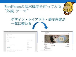 WordPressの基本機能を使ってみる
~外観-テーマ~

  デザイン・レイアウト・表示内容が
  一気に変わる
 