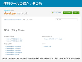 便利ツールの紹介：その他
https://cybozudev.zendesk.com/hc/ja/categories/200182110-SDK-%CE%B2-Tools
 