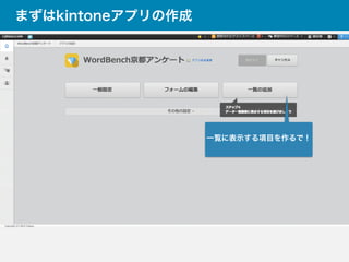 まずはkintoneアプリの作成
一覧に表示する項目を作るで！
 
