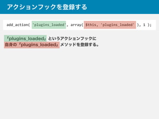 add_action(	
  'plugins_loaded',	
  array(	
  $this,	
  'plugins_loaded'	
  ),	
  1	
  );
「plugins_loaded」というアクションフックに
自身の「plugins_loaded」メソッドを登録する。
アクションフックを登録する
 