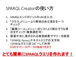 SPARQL Creatorの使い方
1. SPARQLエンドポイントのURLを入力
2. 「クラス」メニューより興味のある項目を一つ
チェック
3. 「編集ツール」メニューのリストより面白そうな項
目をチェック（複数選択可）
4. 画面中央に...
