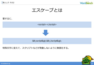 © wordbonch.org
落とし穴 その2
17
エスケープとは
要するに、
<script></script>
特殊文字に変えて、スクリプトなどが発動しないように無害化する。
<script></script>
 