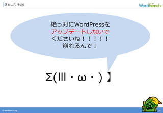 © wordbonch.org
落とし穴 その3
22
Σ(lll・ω・) 】
絶っ対にWordPressを
アップデートしないで
くださいね！！！！！
崩れるんで！
 