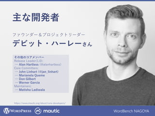 WordBench NAGOYA
主な開発者
ファウンダー＆プロジェクトリーダー
デビット・ハーレーさん
その他のコアメンバー
Release Leader(1.0):
─ Alan Hartless (@alanhartless)
Core Committers:
─ John Linhart (@jan_linhart)
─ Marianela Queme
─ Don Gilbert
─ Werner Garcia
Maintainers:
─ Matisha Ladiwala
https://www.mautic.org/about/core-developers/
 