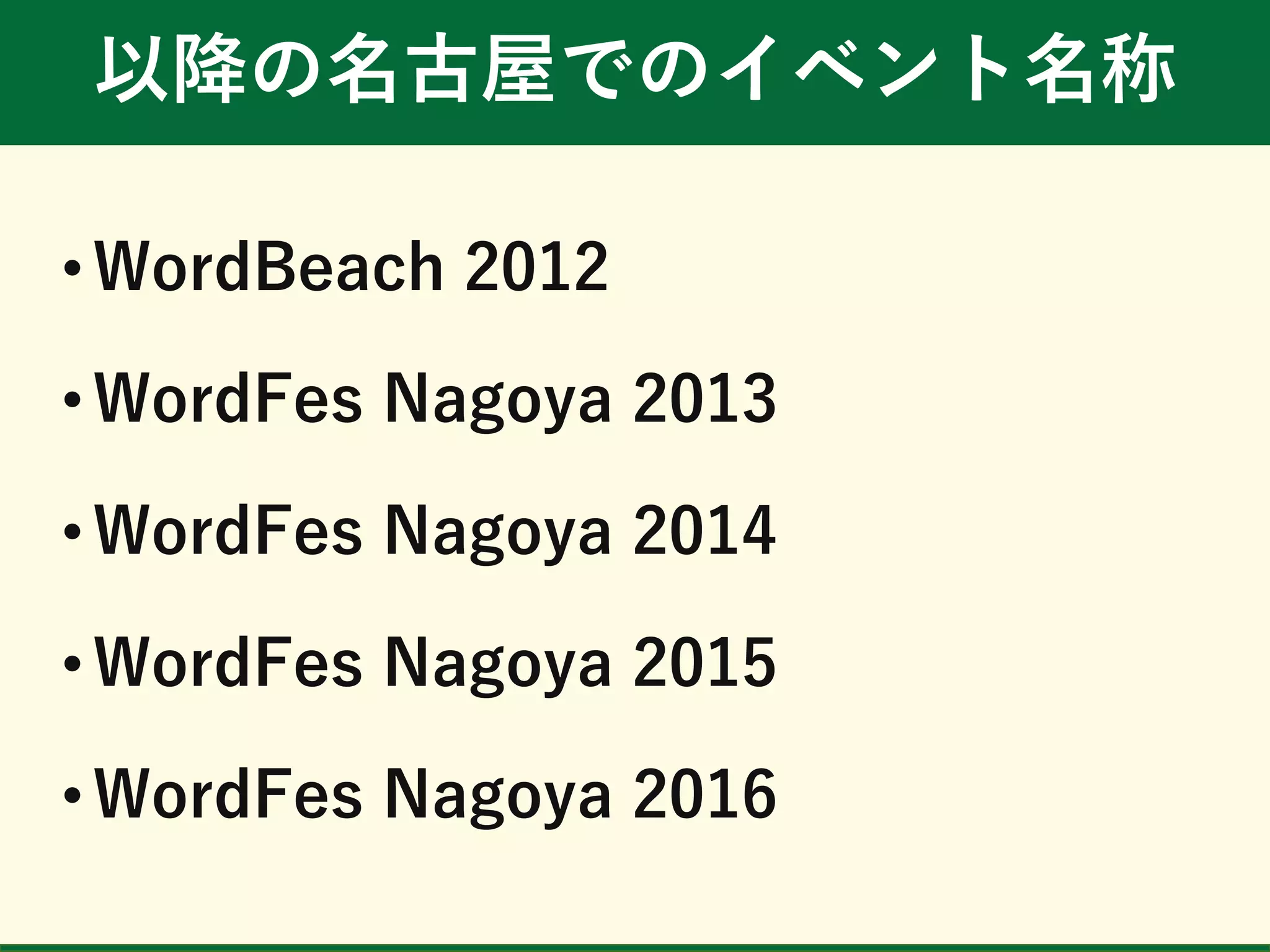 以降の名古屋でのイベント名称
• WordBeach 2012
• WordFes Nagoya 2013
• WordFes Nagoya 2014
• WordFes Nagoya 2015
• WordFes Nagoya 2016
 