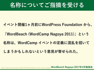 WordBench Nagoya 2017年3月勉強会
名称についてご指摘を受ける
イベント開催1ヶ月前にWordPress Foundation から、
「WordBeach (WordCamp Nagoya 2011)」という
名称は、WordCamp イベントの定義に混乱を招いて
しまうかもしれないという意見が寄せられた。
https://japan.wordcamp.org/2011/07/28/wordbeach-event-name-change/
 