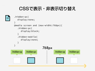 .hidden-pc{
display:none;
}
@media screen and (max-widht:768px){
.hidden-pc{
display:block;
}
.hidden-mobile{
display:none;
}
}
768px
.hidden-pc
CSSで表示・非表示切り替え
CSS
.hidden-sp .hidden-pc.hidden-sp
 