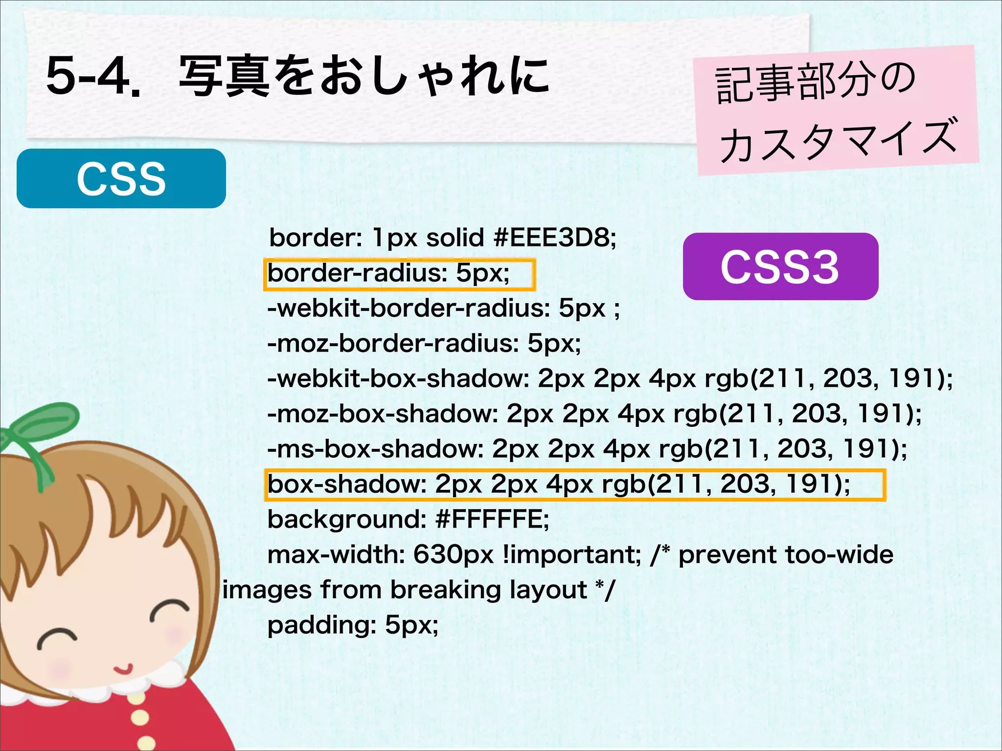 5-4．写真をおしゃれに                              記事部分の
                                          カスタマイズ
CSS
         border: 1px solid #EEE3D8;
         border-radius: 5px;              CSS3
         -webkit-border-radius: 5px ;
         -moz-border-radius: 5px;
         -webkit-box-shadow: 2px 2px 4px rgb(211, 203, 191);
         -moz-box-shadow: 2px 2px 4px rgb(211, 203, 191);
         -ms-box-shadow: 2px 2px 4px rgb(211, 203, 191);
         box-shadow: 2px 2px 4px rgb(211, 203, 191);
         background: #FFFFFE;
         max-width: 630px !important; /* prevent too-wide
      images from breaking layout */
         padding: 5px;
 