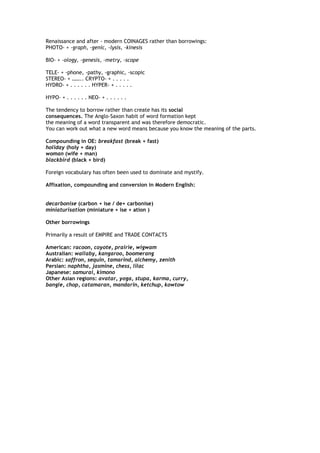Renaissance and after - modern COINAGES rather than borrowings:
PHOTO- + -graph, -genic, -lysis, -kinesis
BIO- + -ology, -genesis, -metry, -scope
TELE- + -phone, -pathy, -graphic, -scopic
STEREO- + …….. CRYPTO- + . . . . .
HYDRO- + . . . . . . HYPER- + . . . . .
HYPO- + . . . . . . NEO- + . . . . . .
The tendency to borrow rather than create has its social
consequences. The Anglo-Saxon habit of word formation kept
the meaning of a word transparent and was therefore democratic.
You can work out what a new word means because you know the meaning of the parts.
Compounding in OE: breakfast (break + fast)
holiday (holy + day)
woman (wife + man)
blackbird (black + bird)
Foreign vocabulary has often been used to dominate and mystify.
Affixation, compounding and conversion in Modern English:
decarbonise (carbon + ise / de+ carbonise)
miniaturisation (miniature + ise + ation )
Other borrowings
Primarily a result of EMPIRE and TRADE CONTACTS
American: racoon, coyote, prairie, wigwam
Australian: wallaby, kangaroo, boomerang
Arabic: saffron, sequin, tamarind, alchemy, zenith
Persian: naphtha, jasmine, chess, lilac
Japanese: samurai, kimono
Other Asian regions: avatar, yoga, stupa, karma, curry,
bangle, chop, catamaran, mandarin, ketchup, kowtow
 