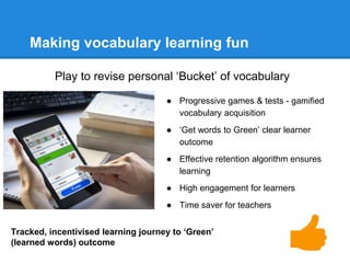 Making vocabulary learning fun 
Play to revise personal ‘Bucket’ of vocabulary 
● Progressive games & tests - gamified 
vo...