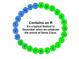 M
A
G
S
C
U
H
W
X
I
F
D
B
L
K
J
T
R
Q
P
O
N
E
V
Y
Contains an R
It’s a typical festival in
Desember when we celebrate
the arrival of Santa Claus.
 