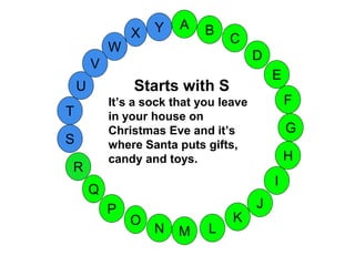 M
A
G
S
C
U
H
W
X
I
F
D
B
L
K
J
T
R
Q
P
O
N
E
V
Y
Starts with S
It’s a sock that you leave
in your house on
Christmas Eve and it’s
where Santa puts gifts,
candy and toys.
 