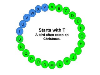 M
A
G
S
C
U
H
W
X
I
F
D
B
L
K
J
T
R
Q
P
O
N
E
V
Y
Starts with T
A bird often eaten on
Christmas.
 