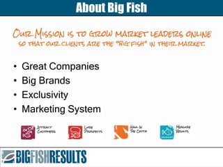 About Big Fish
• Great Companies
• Big Brands
• Exclusivity
• Marketing System
 