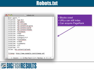 Robots.txt
• Blocks crawl
• URLs can still index
• Can acquire PageRank
 