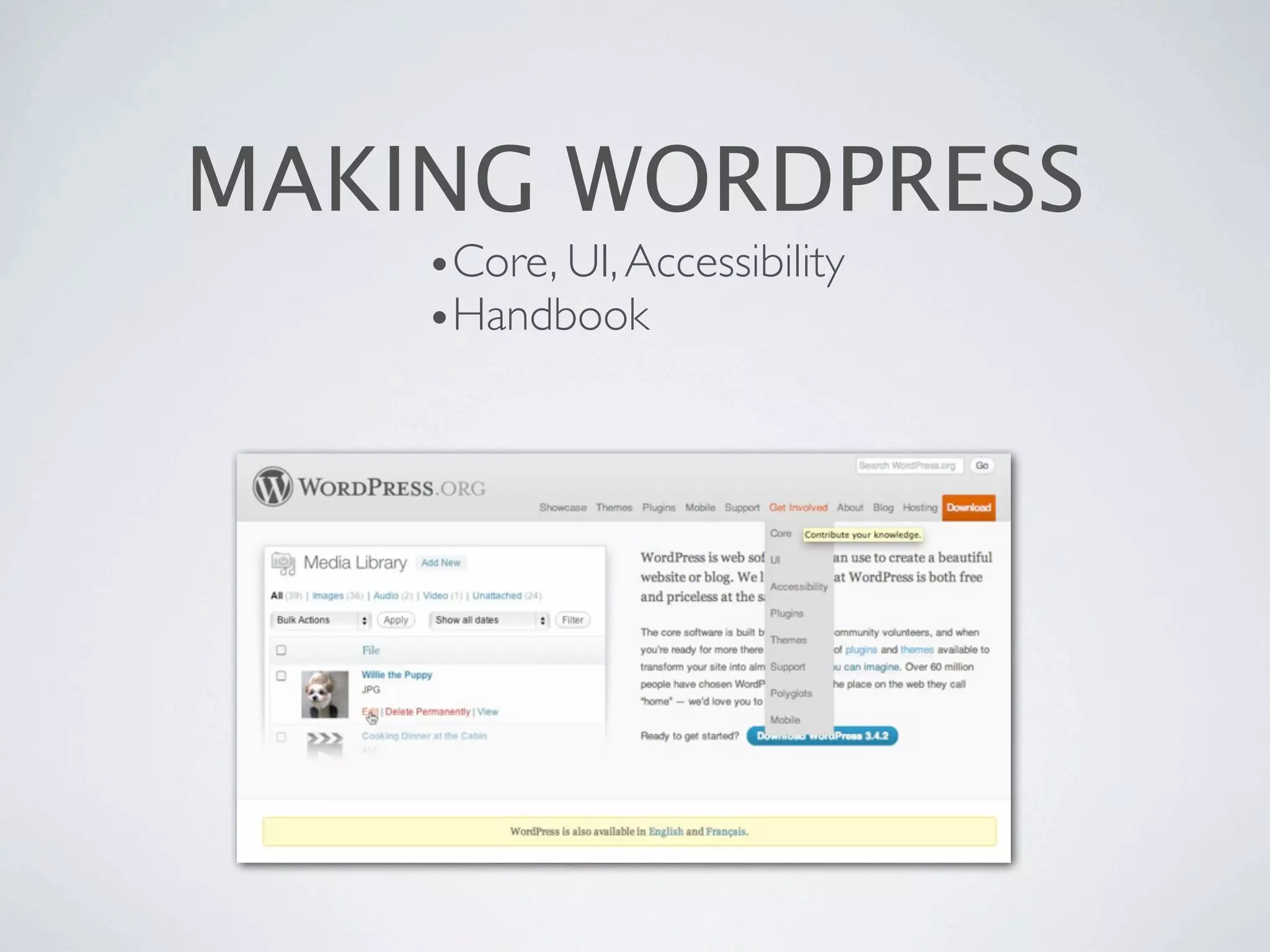 MAKING WORDPRESS
•Core, UI, Accessibility
•Handbook