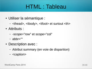 HTML : Tableau
●

Utiliser la sémantique :
–

●

<thead>, <tbody>, <tfoot> et surtout <th>

Attributs :
–
–

●

-scope="row" et scope="col"
abbr=""

Description avec :
–

Attribut summary (en voie de disparition)

–

<caption>

WordCamp Paris 2014

20/48

 