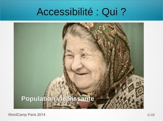 Accessibilité : Qui ?

Population vieillissante
WordCamp Paris 2014

6/48

 