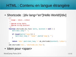 HTML : Contenu en langue étrangère
●

Shortcode : [div lang="en"]Hello World![/div]

●

Idem pour <span>

WordCamp Paris 2...