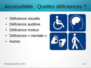 Accessibilité : Quelles déficiences ?
●

Déficience visuelle

●

Déficience auditive

●

Déficience moteur

●

Déficience « mentale »

●

Autres

WordCamp Paris 2014

4/48

 