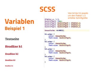 SCSS
Variablen
Beispiel 1
Von h4 bis h1 jeweils
um den Faktor 1.3
erhöhte Schriftgröße
 