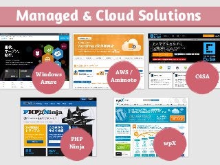 Windows
Azure
AWS /
Amimoto
C4SA
PHP
Ninja
wpX
Managed & Cloud Solutions
 
