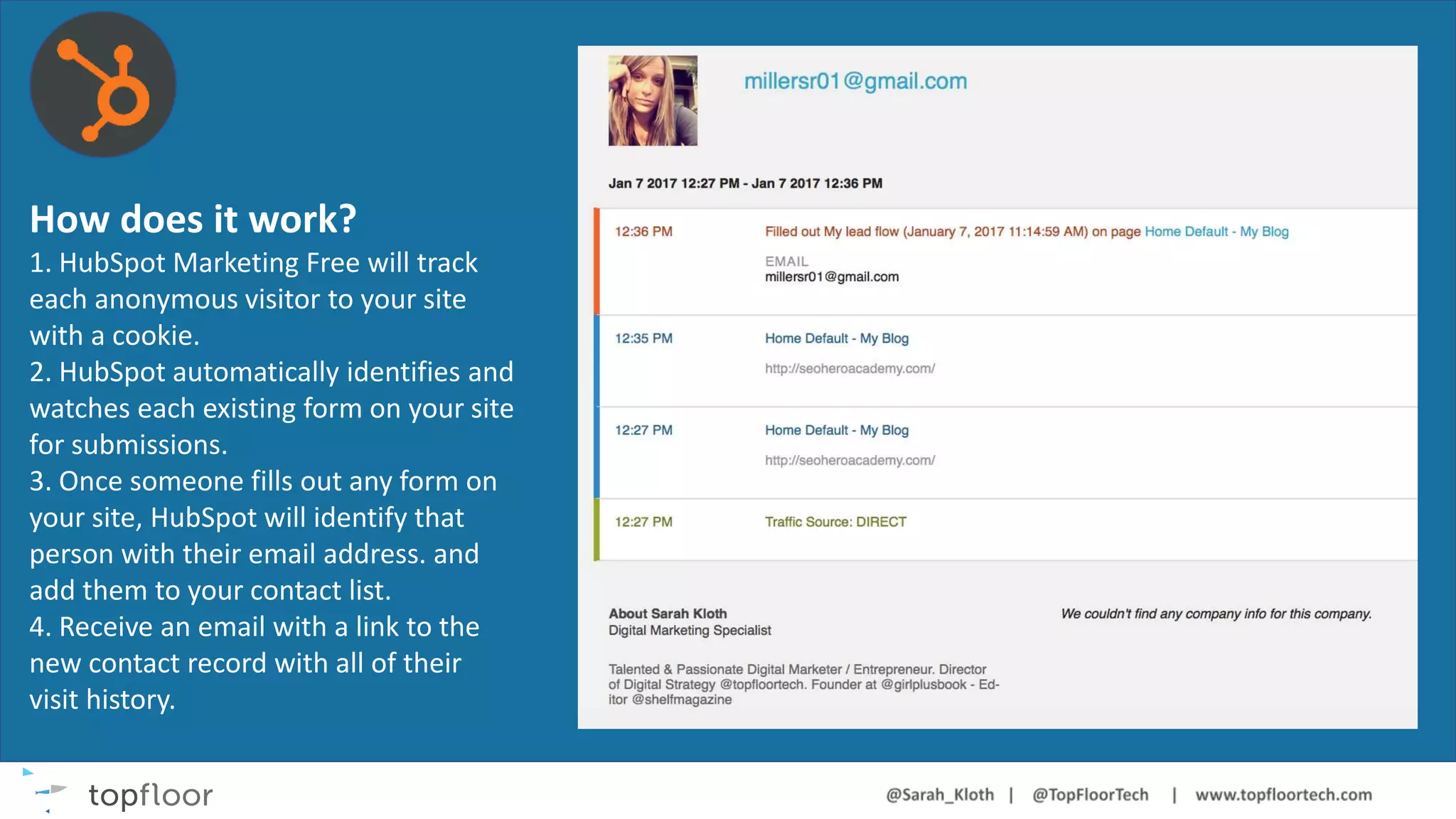 How does it work?
1. HubSpot Marketing Free will track
each anonymous visitor to your site
with a cookie.
2. HubSpot automatically identifies and
watches each existing form on your site
for submissions.
3. Once someone fills out any form on
your site, HubSpot will identify that
person with their email address. and
add them to your contact list.
4. Receive an email with a link to the
new contact record with all of their
visit history.
 