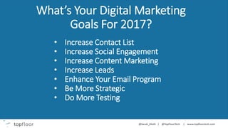 What’s Your Digital Marketing
Goals For 2017?
• Increase Contact List
• Increase Social Engagement
• Increase Content Marketing
• Increase Leads
• Enhance Your Email Program
• Be More Strategic
• Do More Testing
 